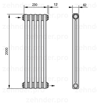 Схема (чертеж) Радиатор Zehnder Charleston 2200/5 №1670 Белый глянцевый RAL 9016